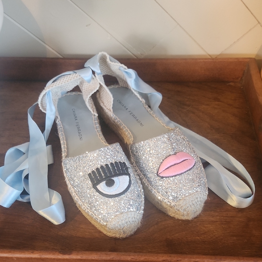 Silver Glitter Espadrilles with Eye and Lip Design